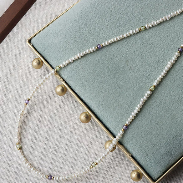 Necklace Freshwater Pearl Irregular Rice Droplet Shape Copper Minimalist Original Design Facet Zircon Crystal