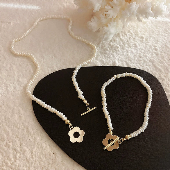 Necklace Freshwater Pearl Metal Alloy Mixed Gem Inlay Geometric Flower Electroplating Snake Bone Chain