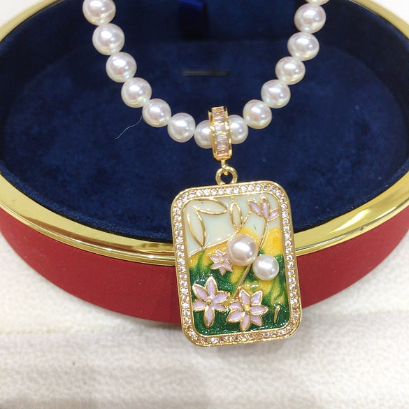 Necklace Freshwater Pearl Monet Garden Middle Ancient Oil Painting Style Square Retro Copper Accessories Special Shape