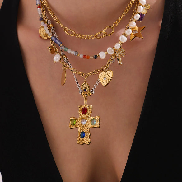 Necklace Freshwater Pearl Natural Stone Semi Precious Stone Color Diamond Zircon Cross 316L Stainless Steel 316L Stainless Steel Geometric Electroplating For Women