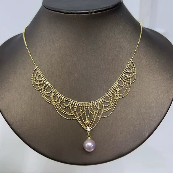 Necklace Freshwater Pearl Retro Lace Multilayer Bean Chain Demon Purple Edison Pearl Pendant Copper Material Perfect Circle Shape