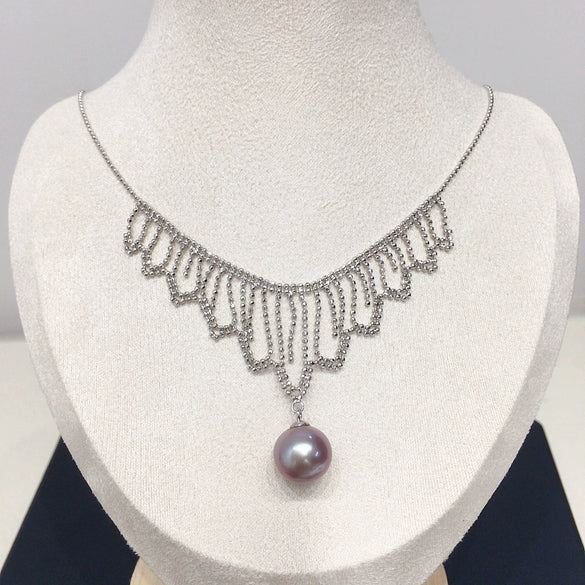 Necklace Freshwater Pearl Retro Lace Multilayer Bean Chain Demon Purple Edison Pearl Pendant Copper Material Perfect Circle Shape