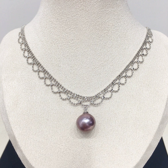 Necklace Freshwater Pearl Retro Lace Multilayer Bean Chain Demon Purple Edison Pearl Pendant Copper Material Perfect Circle Shape