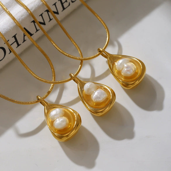 Necklace Freshwater Pearl 316L Stainless Steel Geometric Drop Shape Electroplated For Women