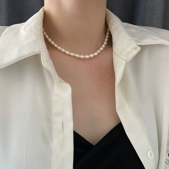 Necklace Freshwater Pearl Titanium Steel Geometric Light Luxury Electroplating Style