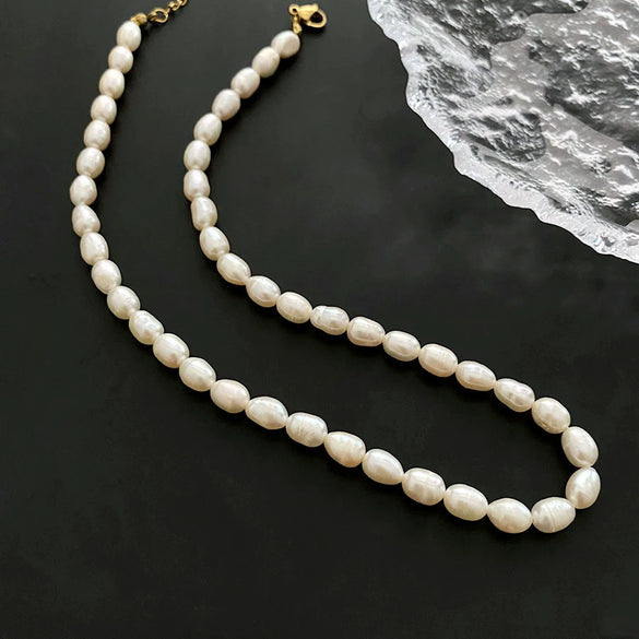 Necklace Freshwater Pearl Titanium Steel Geometric Light Luxury Electroplating Style