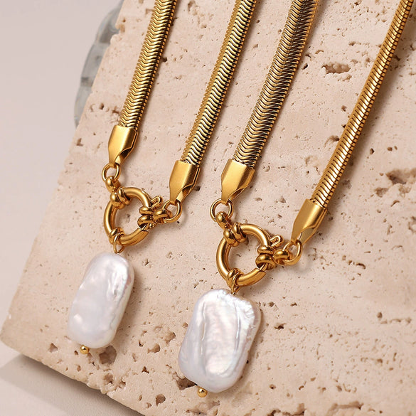 Necklace Freshwater Shell 316L Stainless Steel Electroplating Fashion Irregular Snake Bone Chain Jewelry For Women