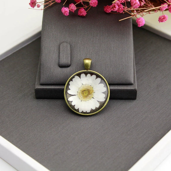 Necklace Glass Glaze Alloy Base Geometric Wrinkled Chrysanthemum Dried Flower Pu Wax Rope