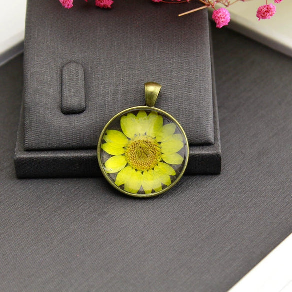 Necklace Glass Glaze Alloy Base Geometric Wrinkled Chrysanthemum Dried Flower Pu Wax Rope