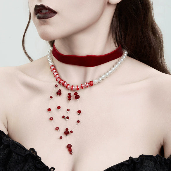 Necklace Gothic Bloody Pearl Flannel Artificial Crystal Geometric Tassel Collar Choker