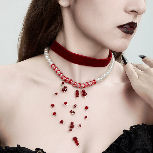 Necklace Gothic Bloody Pearl Flannel Artificial Crystal Geometric Tassel Collar Choker