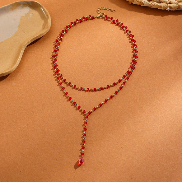 Necklace Handmade Beaded Doublelayer Artificial Crystal Red Retro Geometric Ochain Electroplated For Women