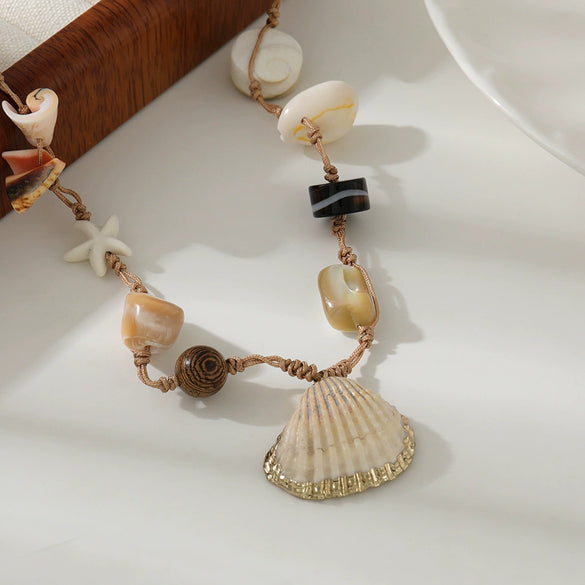 Necklace Handmade Bohemian Style Woven Rope Natural Shell With Geometric Pendant Accessories