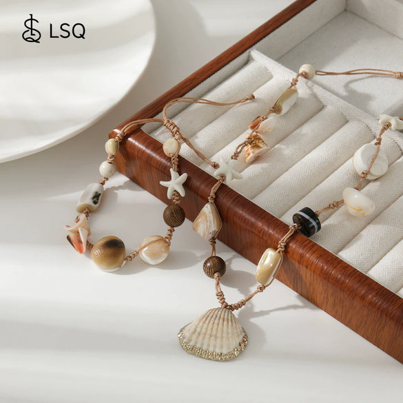 Necklace Handmade Bohemian Style Woven Rope Natural Shell With Geometric Pendant Accessories