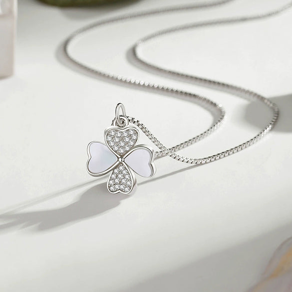 Necklace Heartshaped Fourleaf Clover S925 Silver Geometric Diamond Pendant