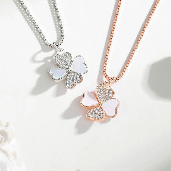 Necklace Heartshaped Fourleaf Clover S925 Silver Geometric Diamond Pendant