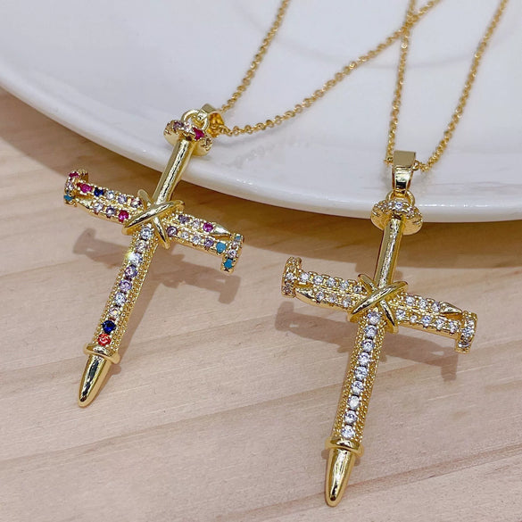 Necklace Hiphop Cross Micropaved Zircon Copper Ochain 14K Gold Electroplated