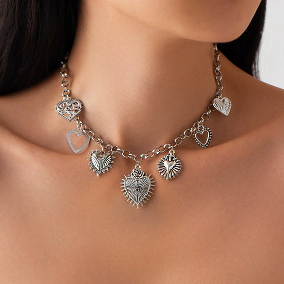 Necklace Hiphop Retro Iron Chain Alloy Heart Bow Geometric Electroplating