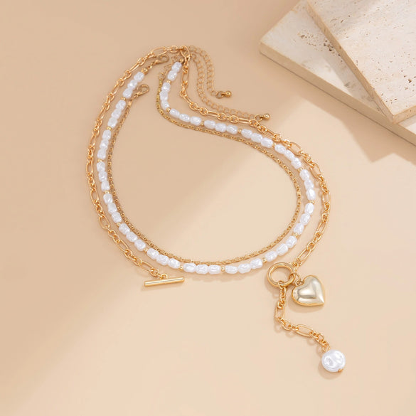 Necklace Imitation Pearl Alloy Heart Shape Geometric Electroplating Pendant For Women