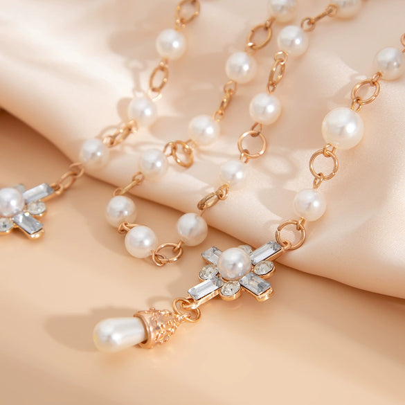 Necklace Imitation Pearl Alloy Rhinestones Geometric Cross Chain Electroplating