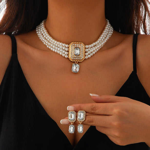 Necklace Imitation Pearl Artificial Crystal Geometric Retro Style