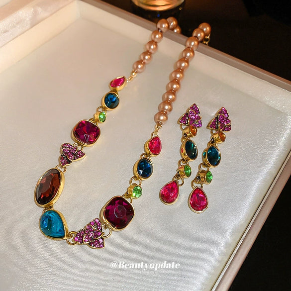 Necklace Imitation Pearl Diamond Water Drop Flower Midancient Light Luxury Allmatching Design