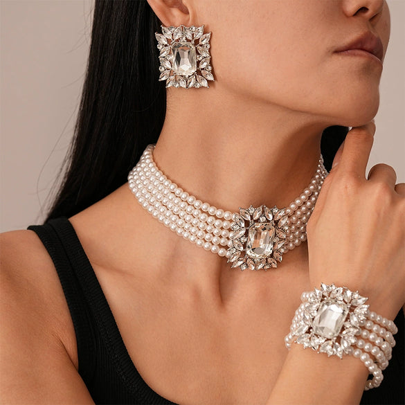 Necklace Imitation Pearl Diamondencrusted Geometric Clavicle Chain For Women