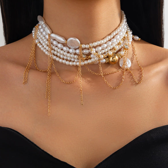 Necklace Imitation Pearl Geometric Metal Tassel Vintage For Women