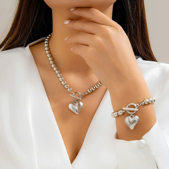 Necklace Imitation Pearl Geometric Round Bead Heart Shaped Electroplated Women's