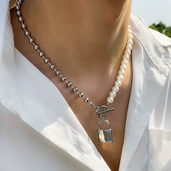 Necklace Imitation Pearl Iron Chain Alloy Geometric Metal Lock Pendant Electroplating Women's Highend Style