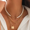 Necklace Imitation Pearl Iron Chain Alloy Geometric Metal Lock Pendant Electroplating Women's Highend Style