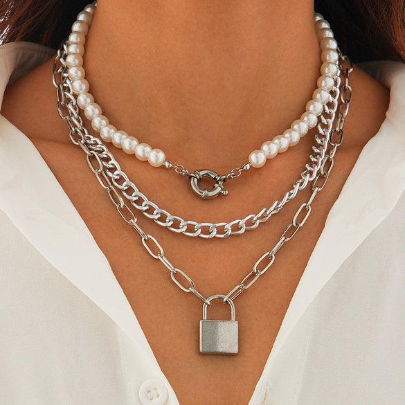Necklace Imitation Pearl Iron Chain Alloy Geometric Metal Lock Pendant Electroplating Women's Highend Style