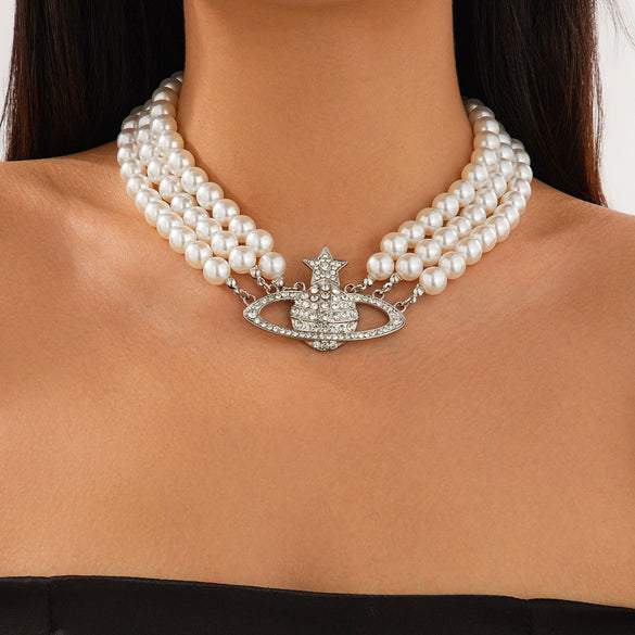 Necklace Imitation Pearls Alloy Vintage Star Shape Geometric Ball Chain Diamond Design