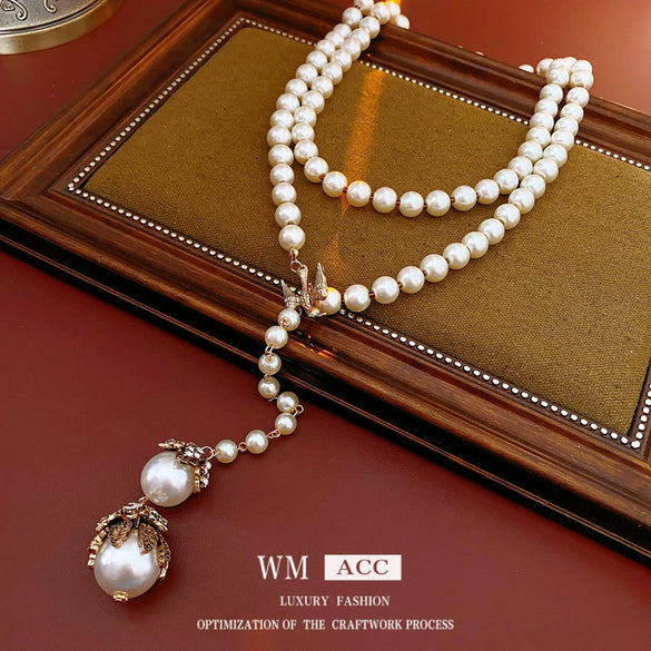 Necklace Imitation Pearls Diamondencrusted Flower Bird Pattern Clavicle Chain For Women French Retro Light Luxury