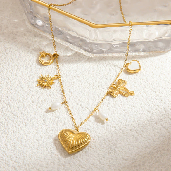 Necklace Jewelry Freshwater Pearl Heart Shape Geometric Titanium Steel Electroplated 18K Real Gold Pendant Clavicle Chain For Women