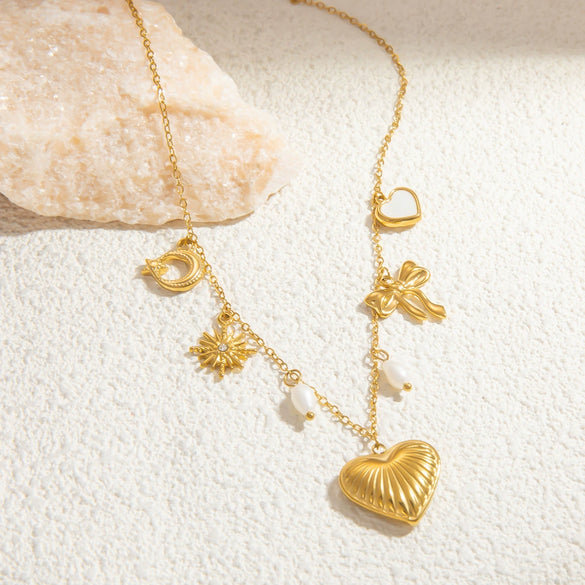 Necklace Jewelry Freshwater Pearl Heart Shape Geometric Titanium Steel Electroplated 18K Real Gold Pendant Clavicle Chain For Women