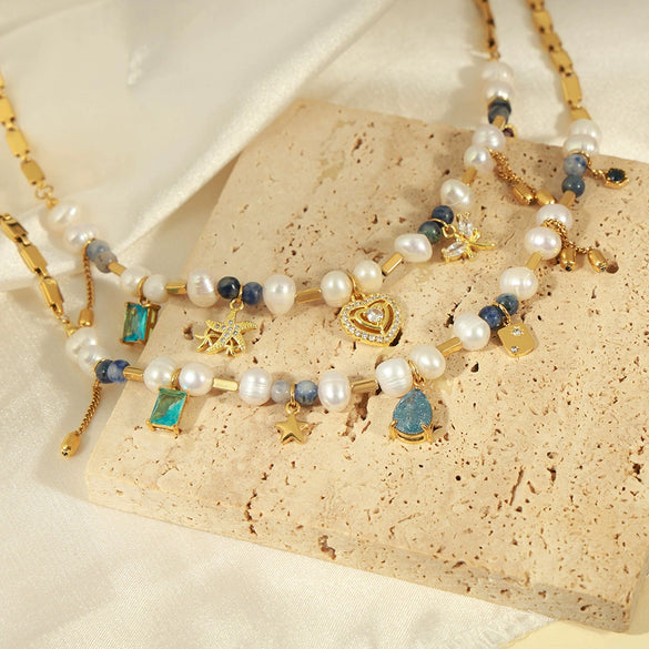 Necklace Jewelry Handmade 316L Stainless Steel Gold Plated Freshwater Pearl Natural Stone Geometric Style