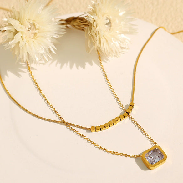 Necklace Jewelry Women's Double Layer Stacked Square Crystal Clavicle Chain 316L Stainless Steel Geometric Electroplating