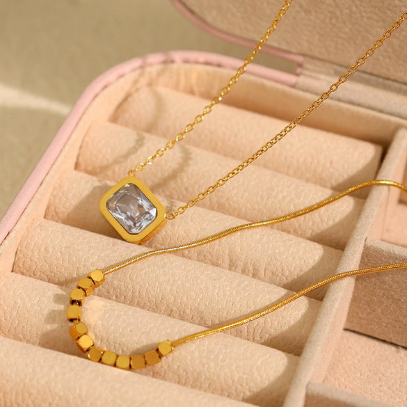 Necklace Jewelry Women's Double Layer Stacked Square Crystal Clavicle Chain 316L Stainless Steel Geometric Electroplating