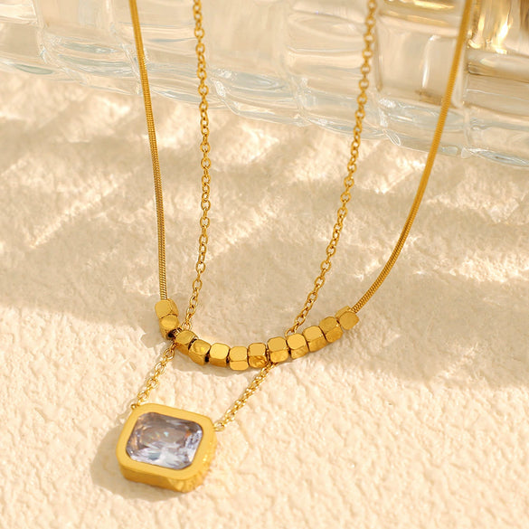 Necklace Jewelry Women's Double Layer Stacked Square Crystal Clavicle Chain 316L Stainless Steel Geometric Electroplating