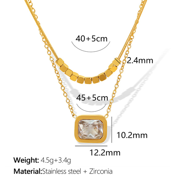 Necklace Jewelry Women's Double Layer Stacked Square Crystal Clavicle Chain 316L Stainless Steel Geometric Electroplating