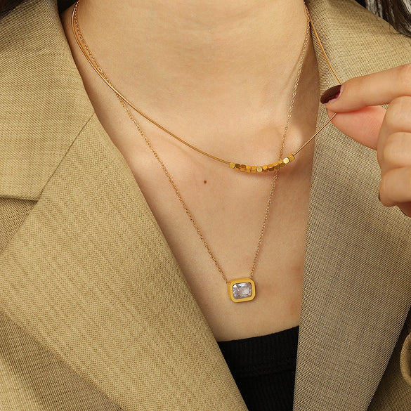 Necklace Jewelry Women's Double Layer Stacked Square Crystal Clavicle Chain 316L Stainless Steel Geometric Electroplating