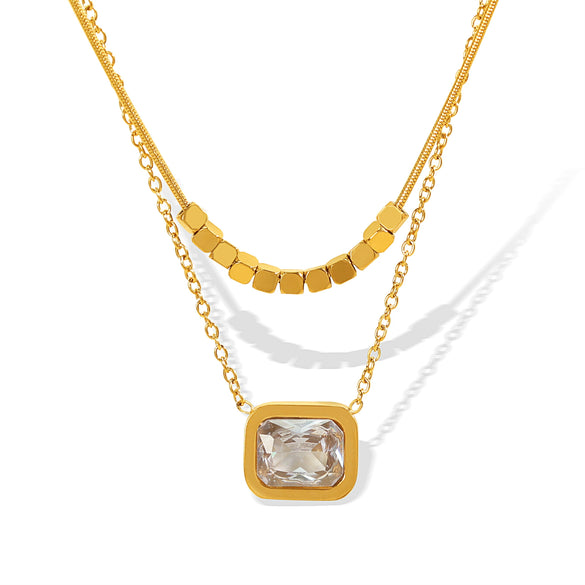 Necklace Jewelry Women's Double Layer Stacked Square Crystal Clavicle Chain 316L Stainless Steel Geometric Electroplating