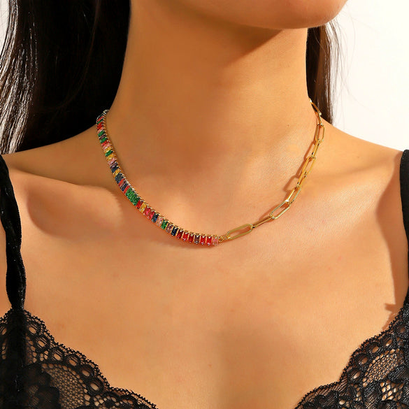 Necklace Jewelry Zircon And Organic Glass Rhombus Geometric Inlaid Simple Style For Women Ochain