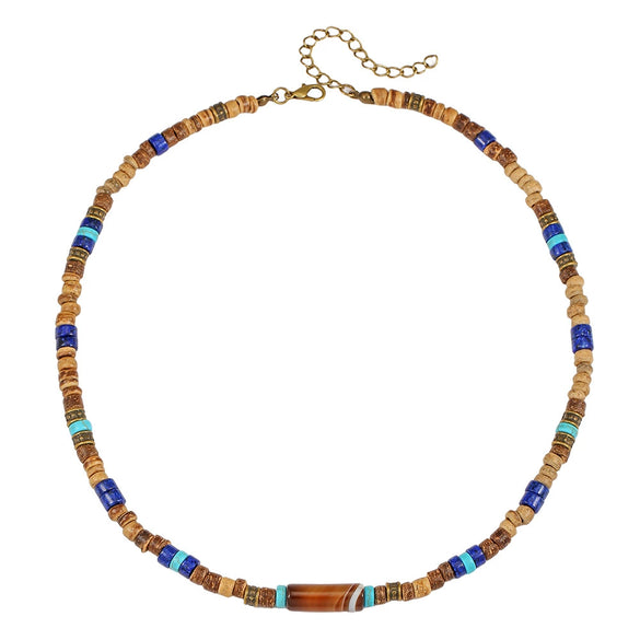 Necklace Lapis Lazuli Turquoise Wooden Bead Alloy O Word Chain Geometric Electroplating Bohemian Retro Men's Fashion