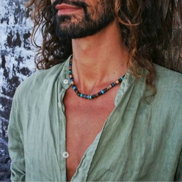 Necklace Lapis Lazuli Turquoise Wooden Bead Alloy O Word Chain Geometric Electroplating Bohemian Retro Men's Fashion