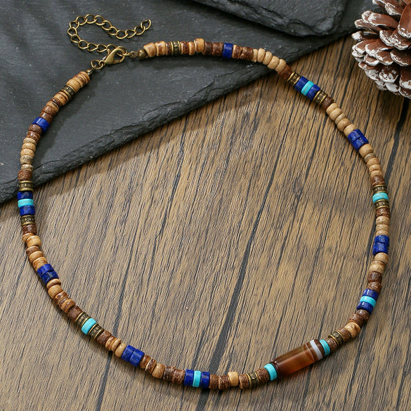 Necklace Lapis Lazuli Turquoise Wooden Bead Alloy O Word Chain Geometric Electroplating Bohemian Retro Men's Fashion