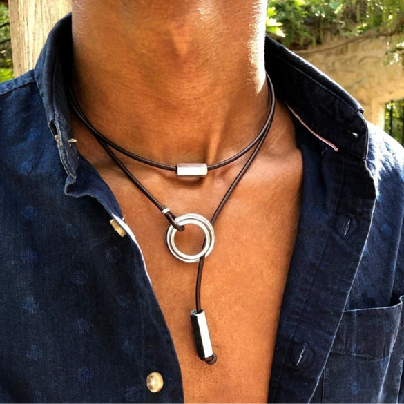 Necklace Leather Alloy Geometric Doublecircle Tassel Handmade