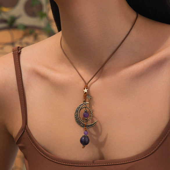 Necklace Leather Wax Thread Alloy Chalcedony Tiger Stone Geometric Handmade Women