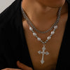 Necklace Men's Hiphop Imitation Pearl Cross Titanium Steel Alloy Geometric Handmade Jewelry